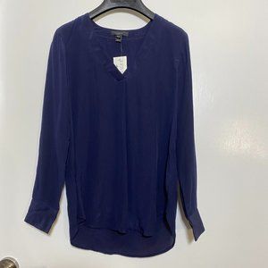 NEW J. CREW 00P XXS Petite 100% Silk V-Neck Blouse Shirt, Long Sleeves Navy blue